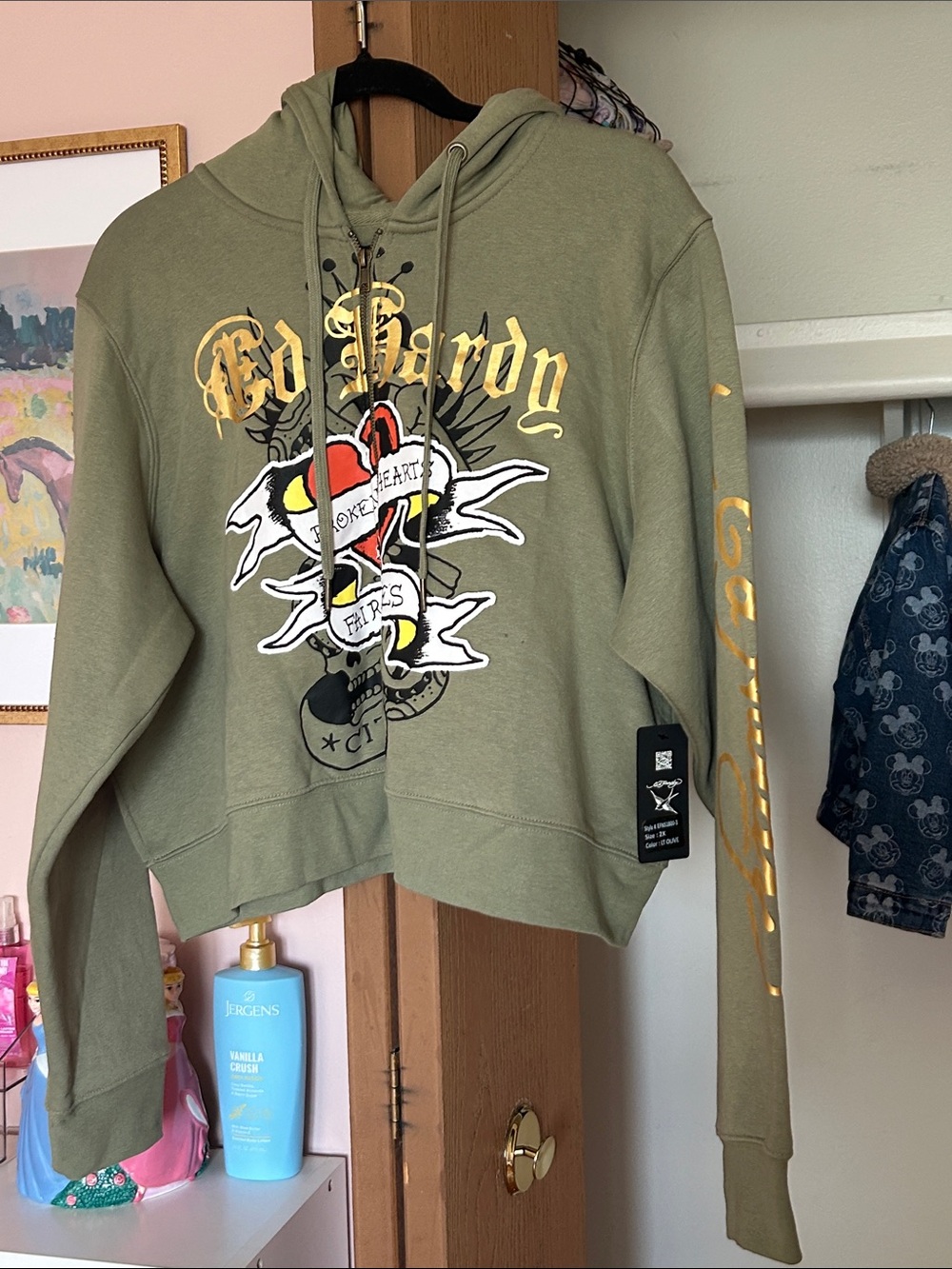 Ed Hardy Olive Lace-Up Pullover with Gold Script and Multicolor Chest Graphic